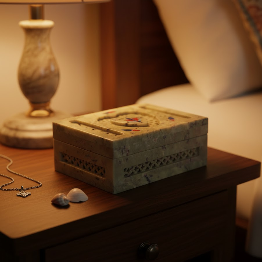 Soapstone Jewelry Box – Hand-Inlaid Semi-Precious Stones