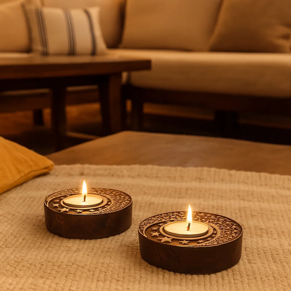 Hand Carved Wooden Moon Tealight Holders (Set of 2) – Artisan Candle Holders with Crescent Moon Design