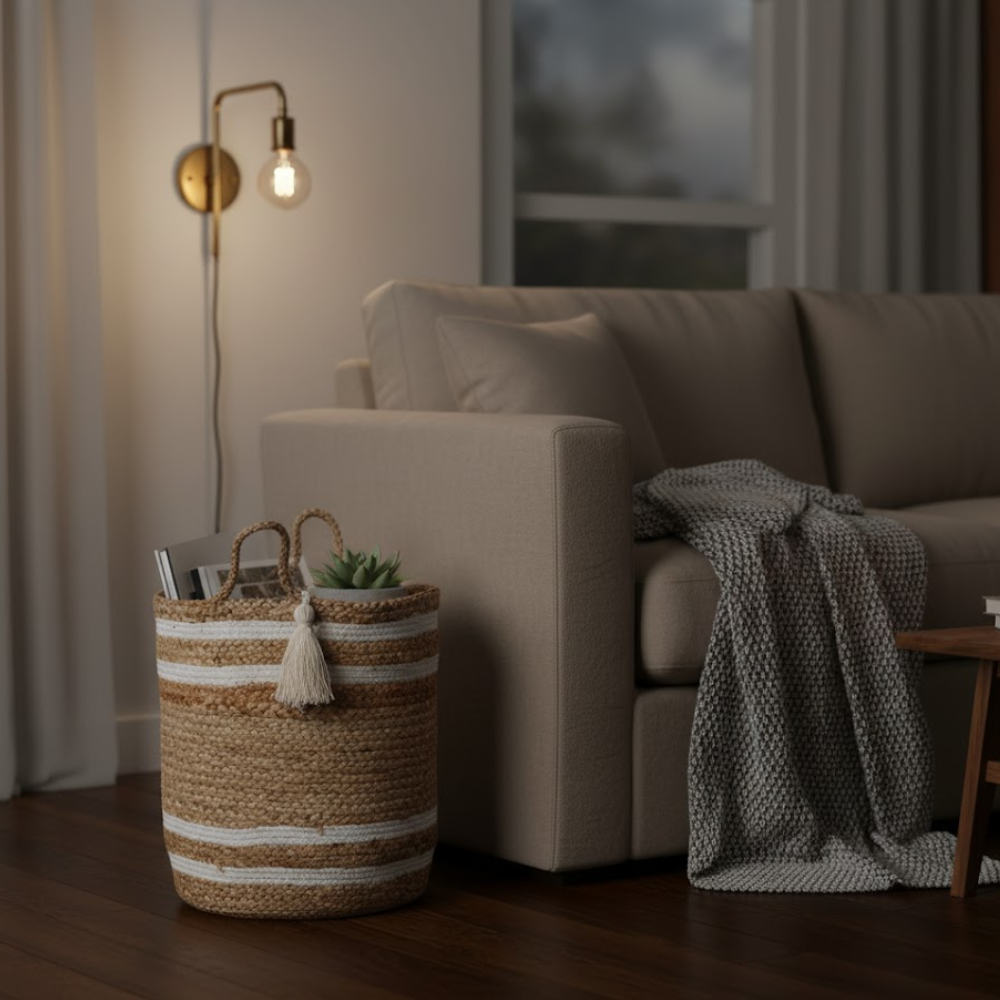 Handmade Jute Storage Basket with White Stripes – Eco-Friendly Cotton & Jute Basket for Storage