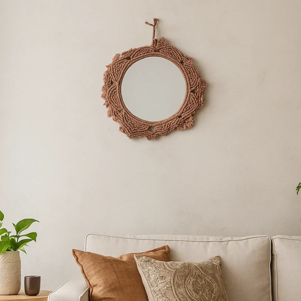 Terra Macrame Mirror | Brown Hand Knotted Boho | Gleemium