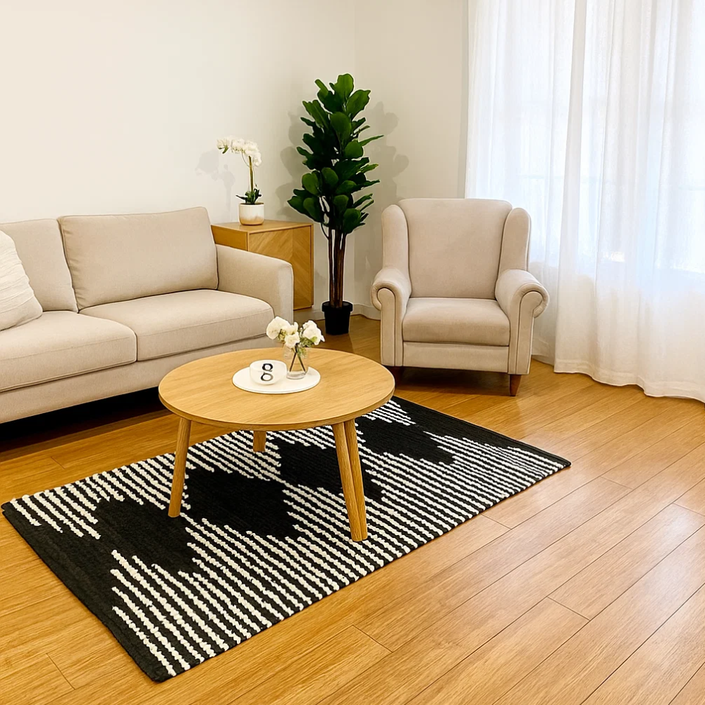 Handwoven Cotton Monochrome Durry – Artisan Diamond Pattern Rug with Stripes