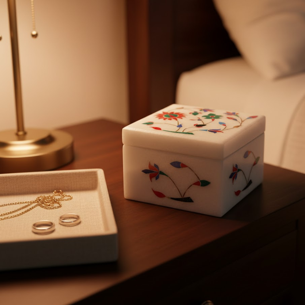 Inlaid Semi-Precious Stone & Marble Square Jewelry Box