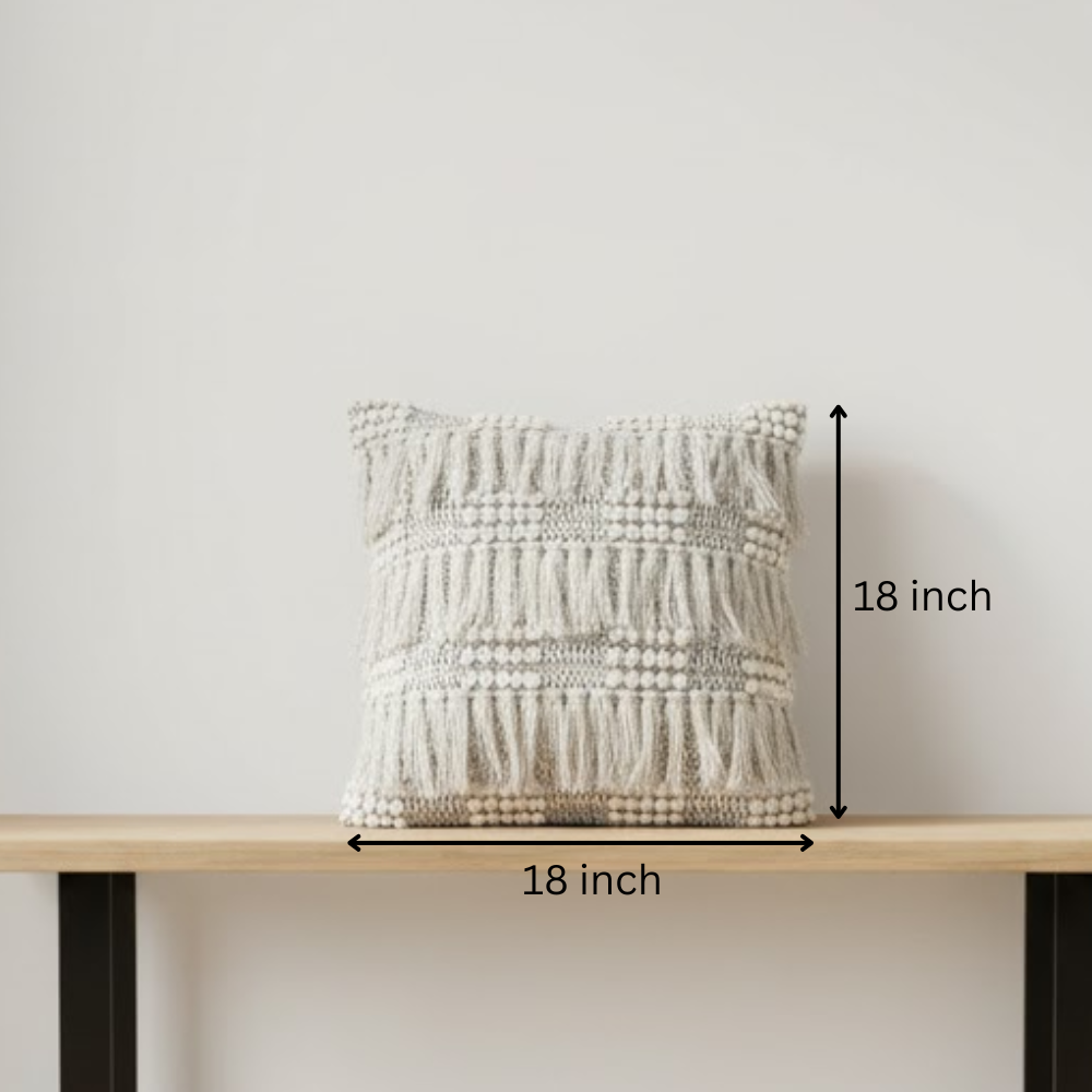 Tufted & Fringed Cotton Cushion Cover – Handwoven Off-White Sofa Cushion Cover with Concealed Zip