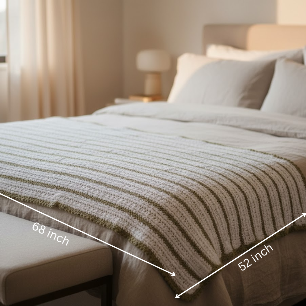 Striped Crochet Throw – Handmade White Cotton Comfort