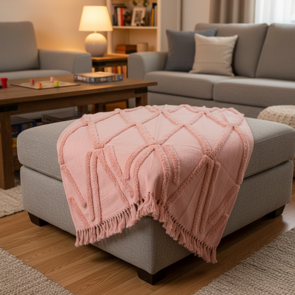Chunky Pastel Cotton Tasseled Throw – Handwoven Artisan Cotton Throw with Tufts & Tassels