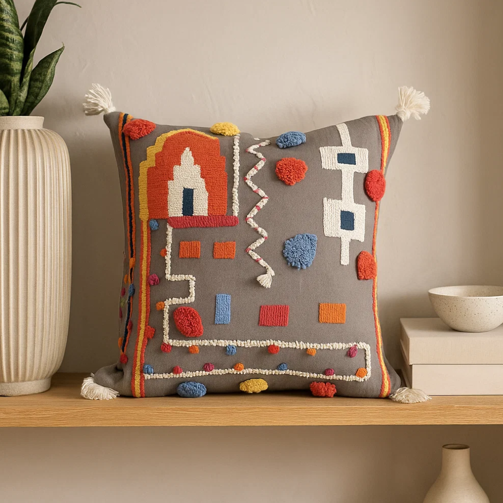 Embroidered Abstract Cotton Cushion Cover with Tassels – Handcrafted Sofa Cushion Cover
