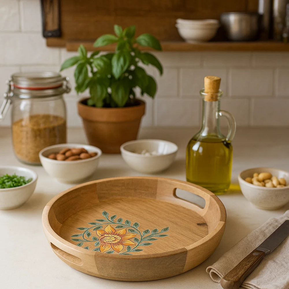 Hand Printed Floral Round Mango Wood Tray