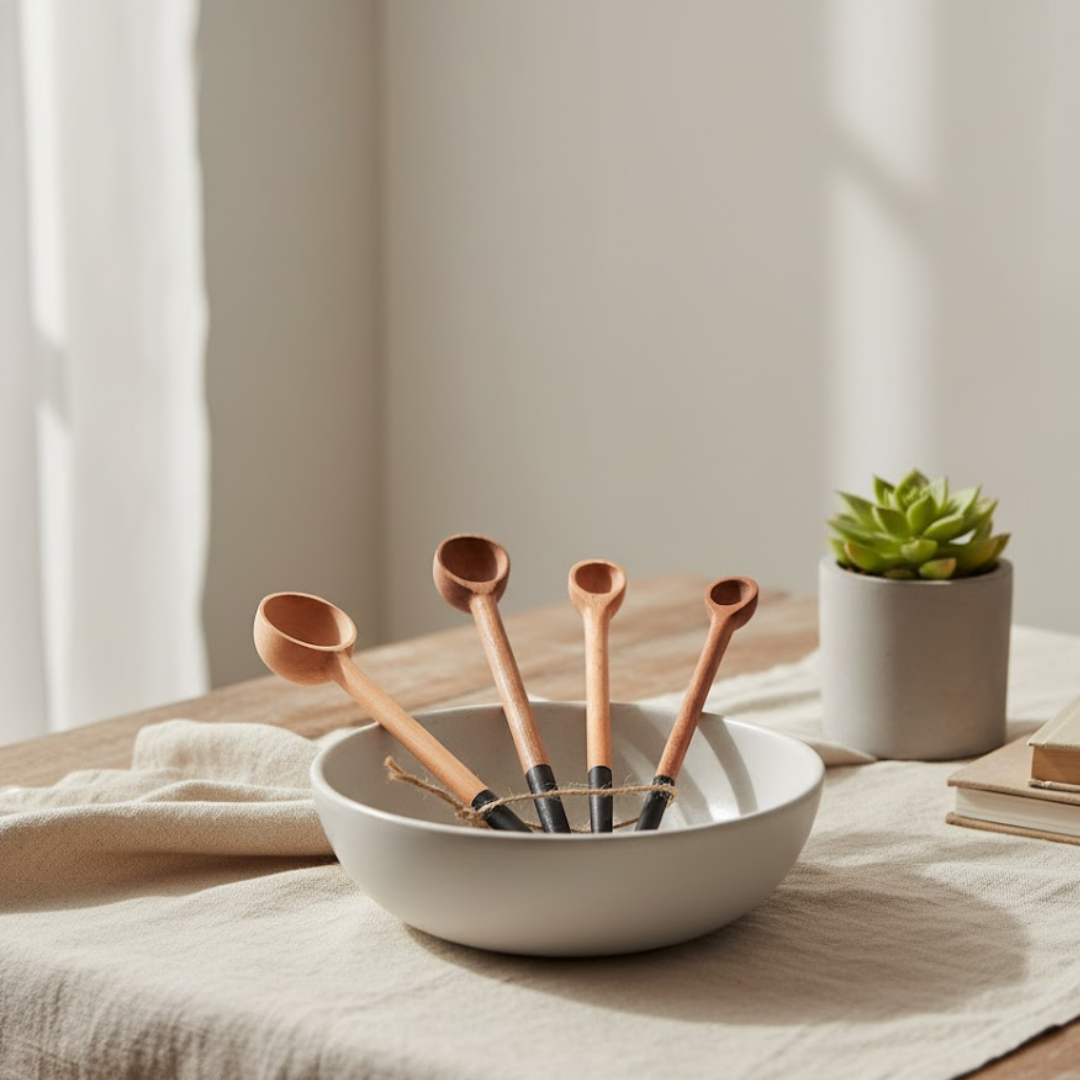 Hand Carved Neem Wood Black Measuring Spoons (Set of 4)