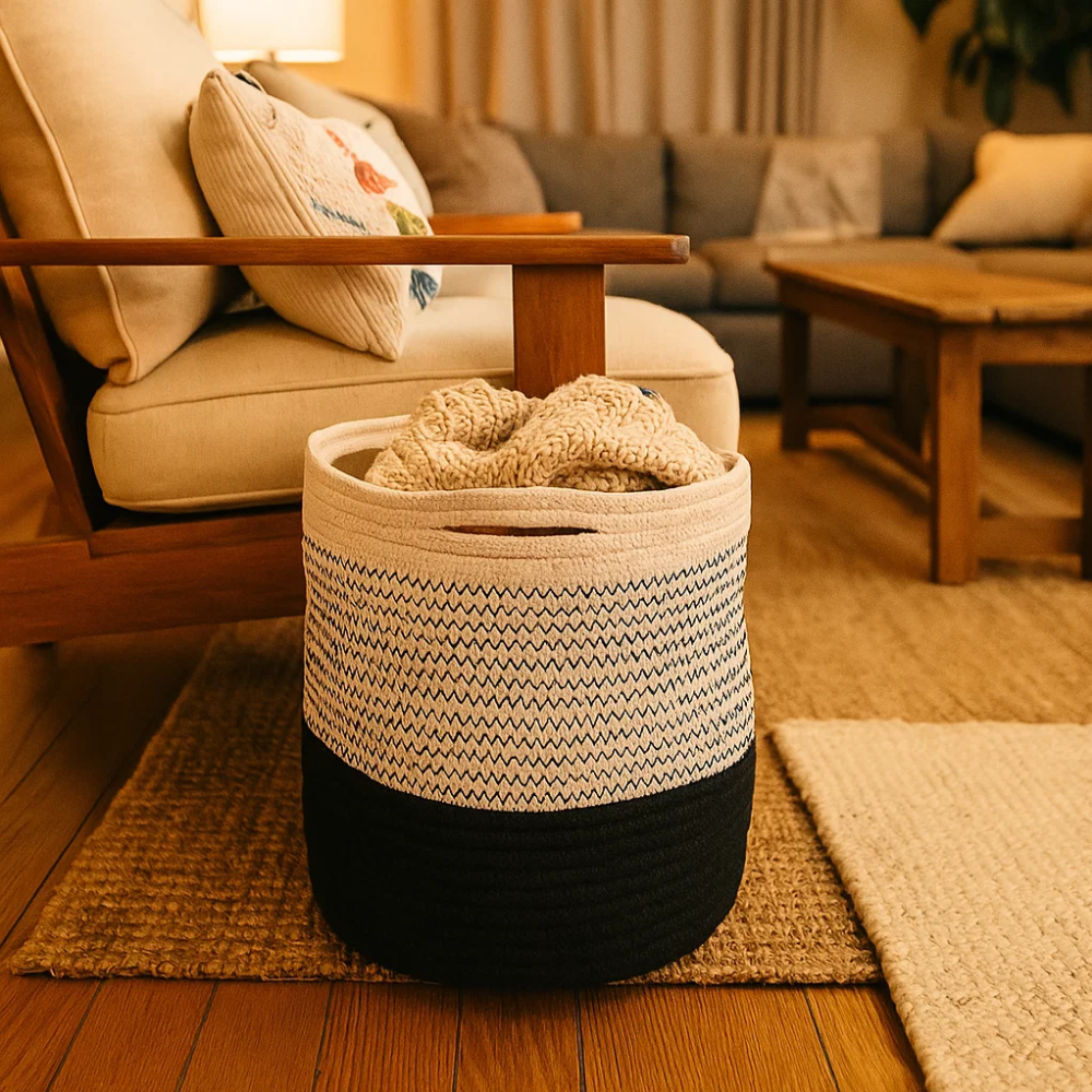 Handwoven Cotton Monochrome Zigzag Basket – Artisan Cotton Storage Basket with Black & White Pattern
