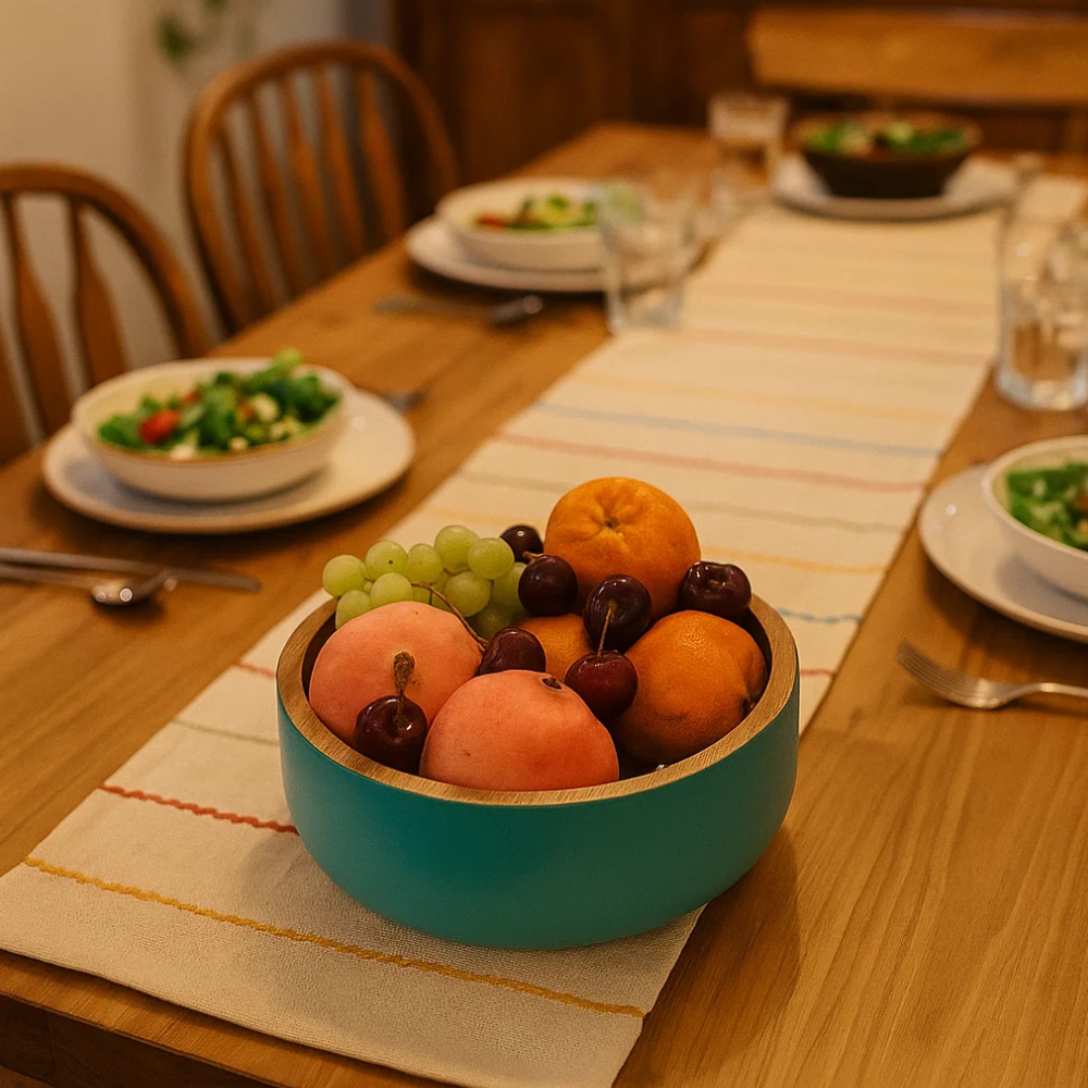 Acacia Wood Matte Aqua Salad Bowl – Handcrafted Wooden Serveware with Aqua Enamel Finish