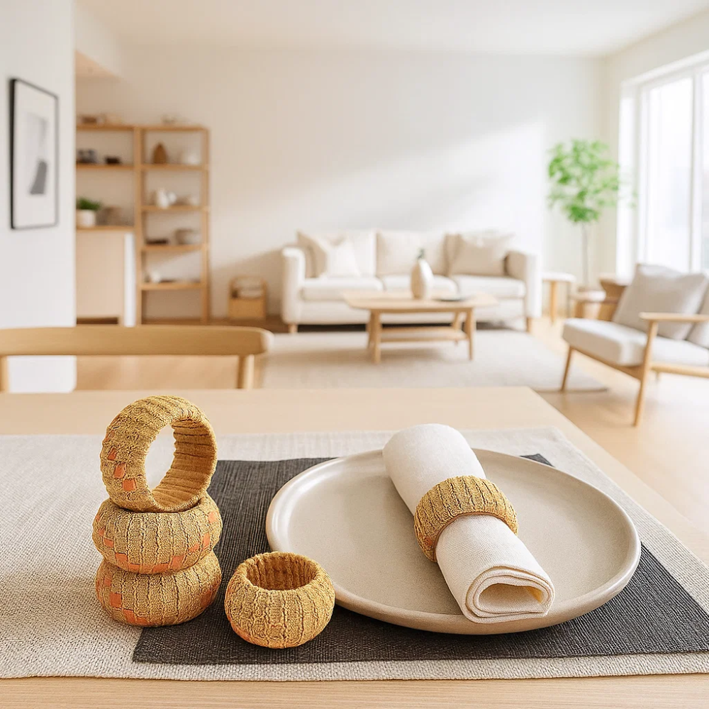 Handcrafted Round Cane & Iron Napkin Rings – Set of 4