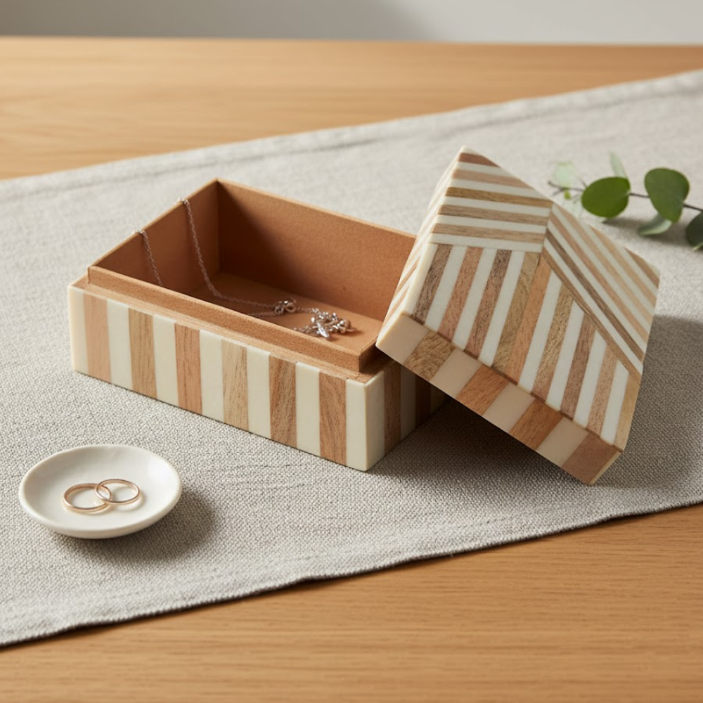 Neutral Striped MDF & Resin Jewelry Box