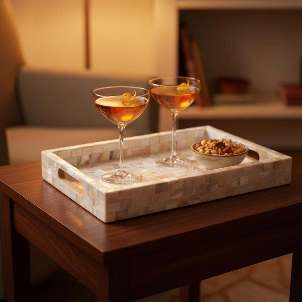 Mother-of-Pearl Wooden Serving Tray – Handcrafted Decorative Wood Serving Tray with Shell Inlay