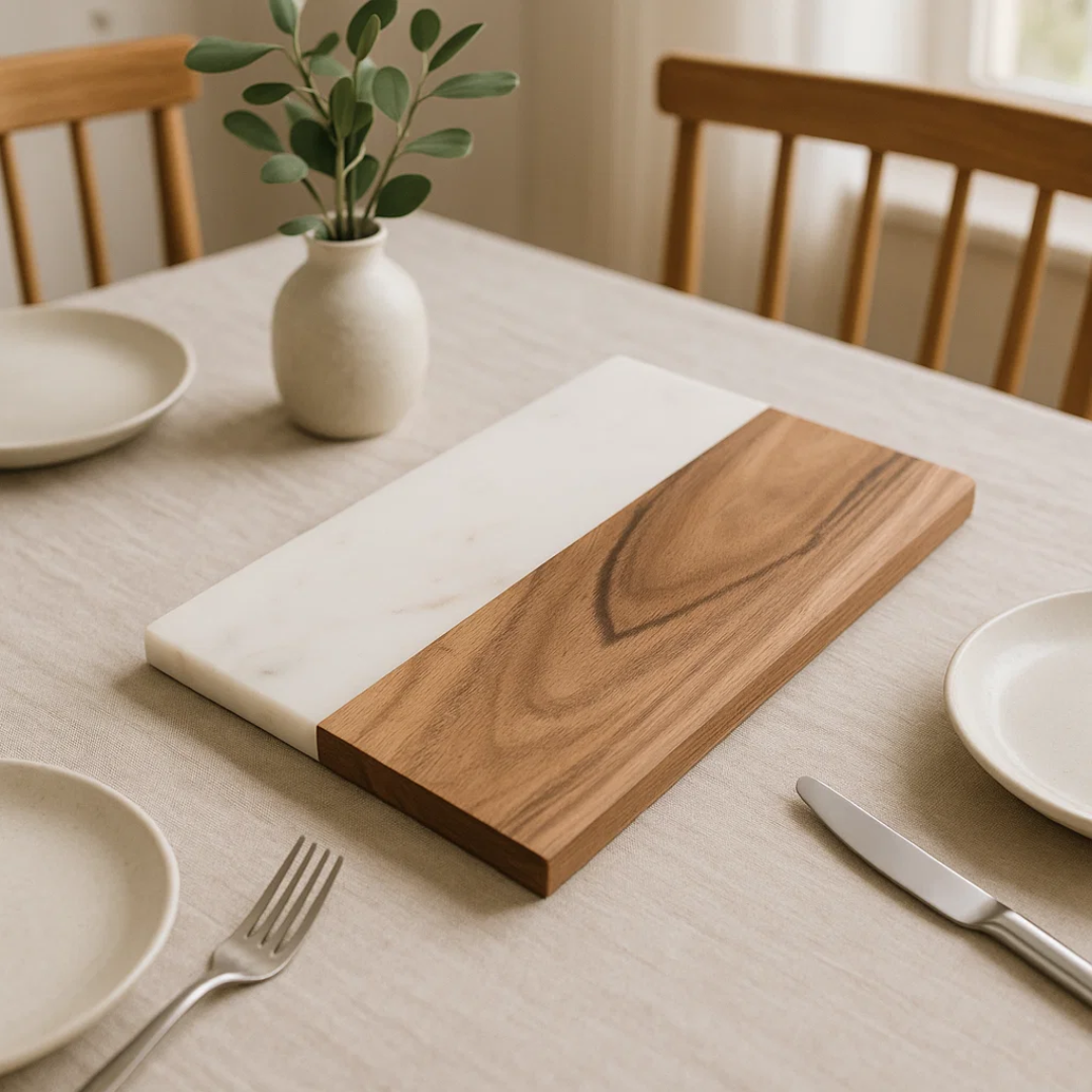 Acacia Wood & White Marble Colorblock Chopping Board