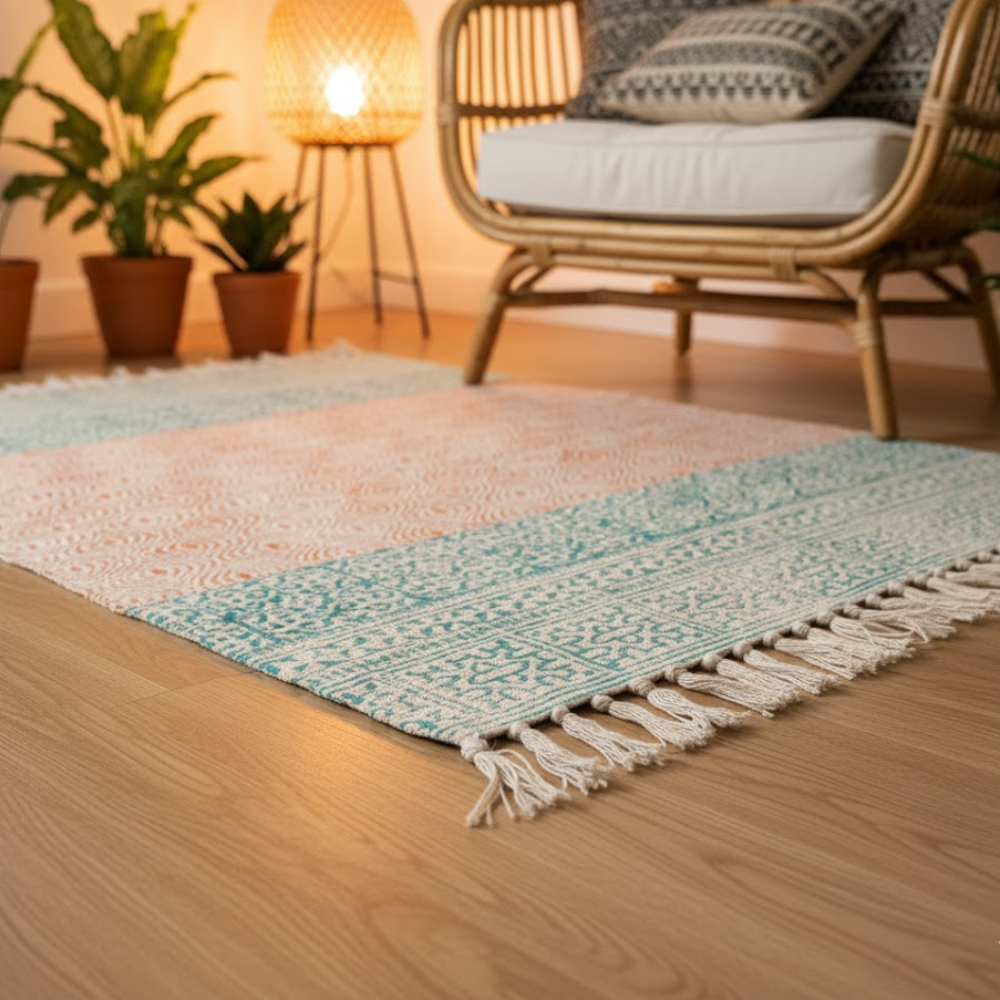 Art Deco Cotton Rug with Tassels – Handwoven Artisan Cotton Rug with Geometric Detailing