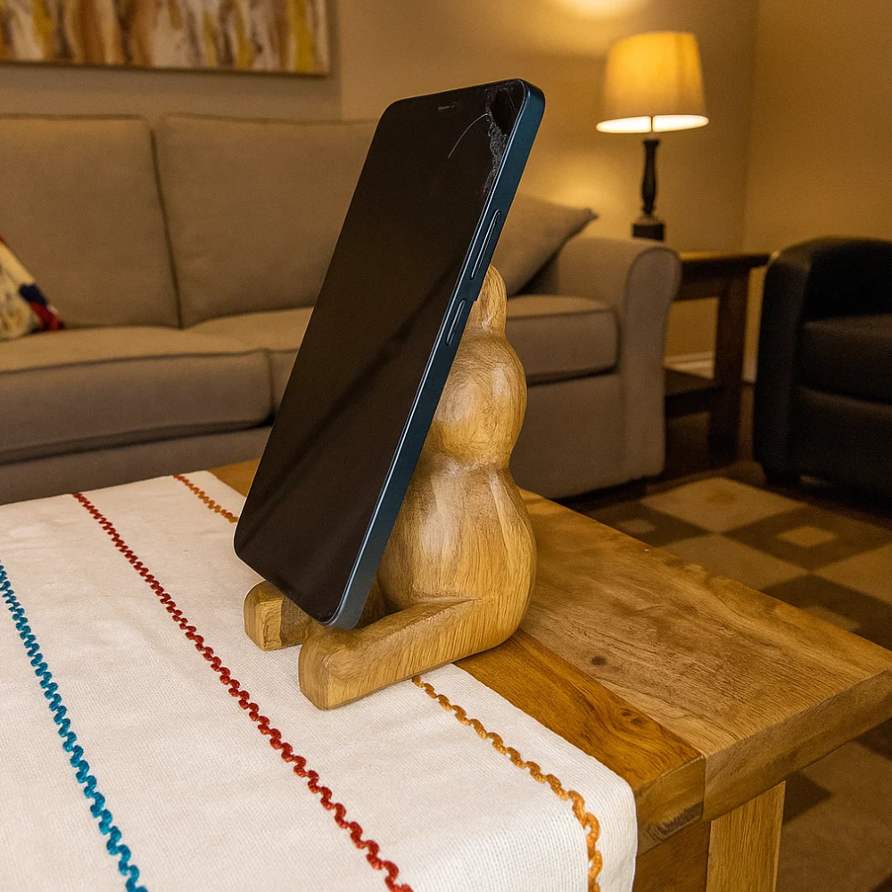Hand Cut Mango Wood Rabbit Mobile Holder – Sustainable Wooden Phone Stand