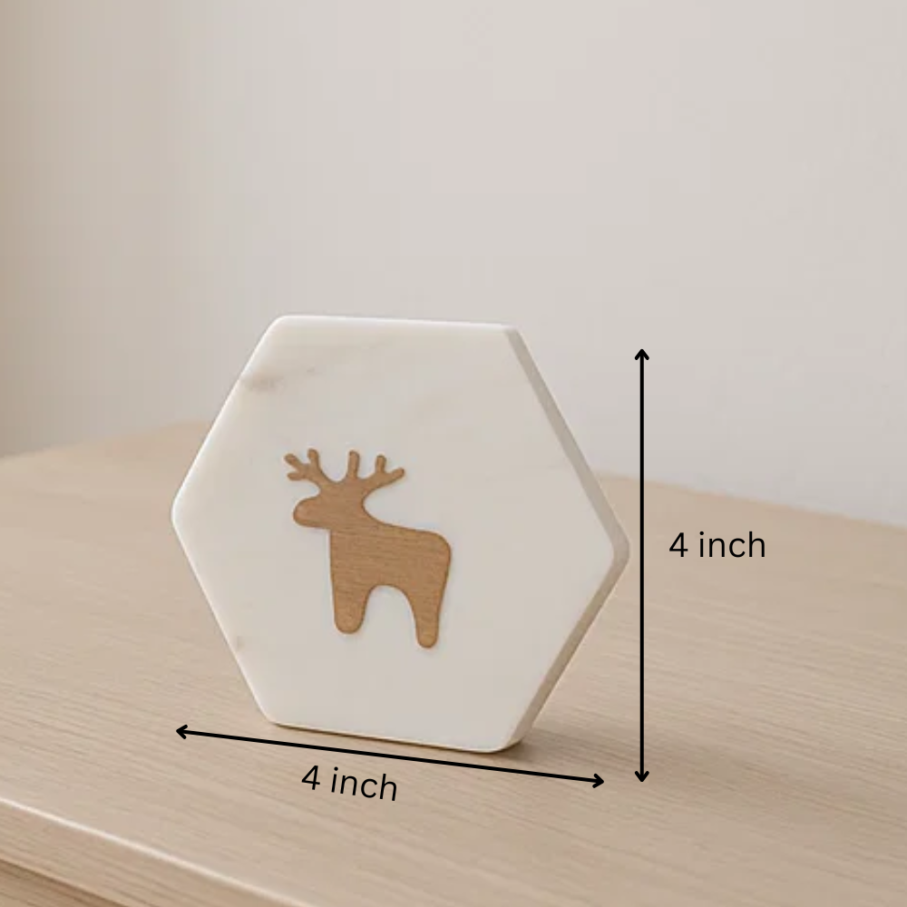 Reindeer Inlaid Marble Coasters (Set of 4) – Handcrafted White Marble Drink Coasters with Wooden Inlay