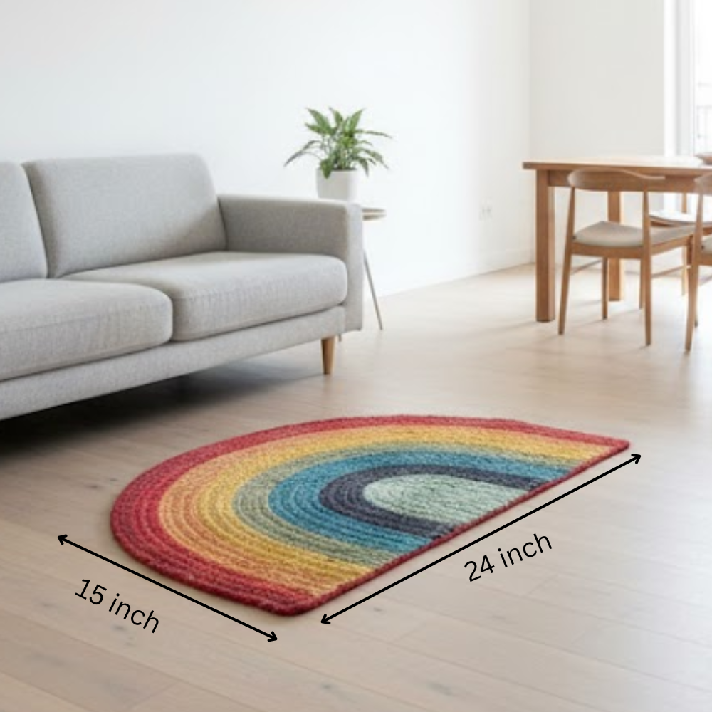 Braided Jute Rainbow Mat – Eco-Friendly Hand-Braided Door Mat in Natural Jute with Rainbow Accents