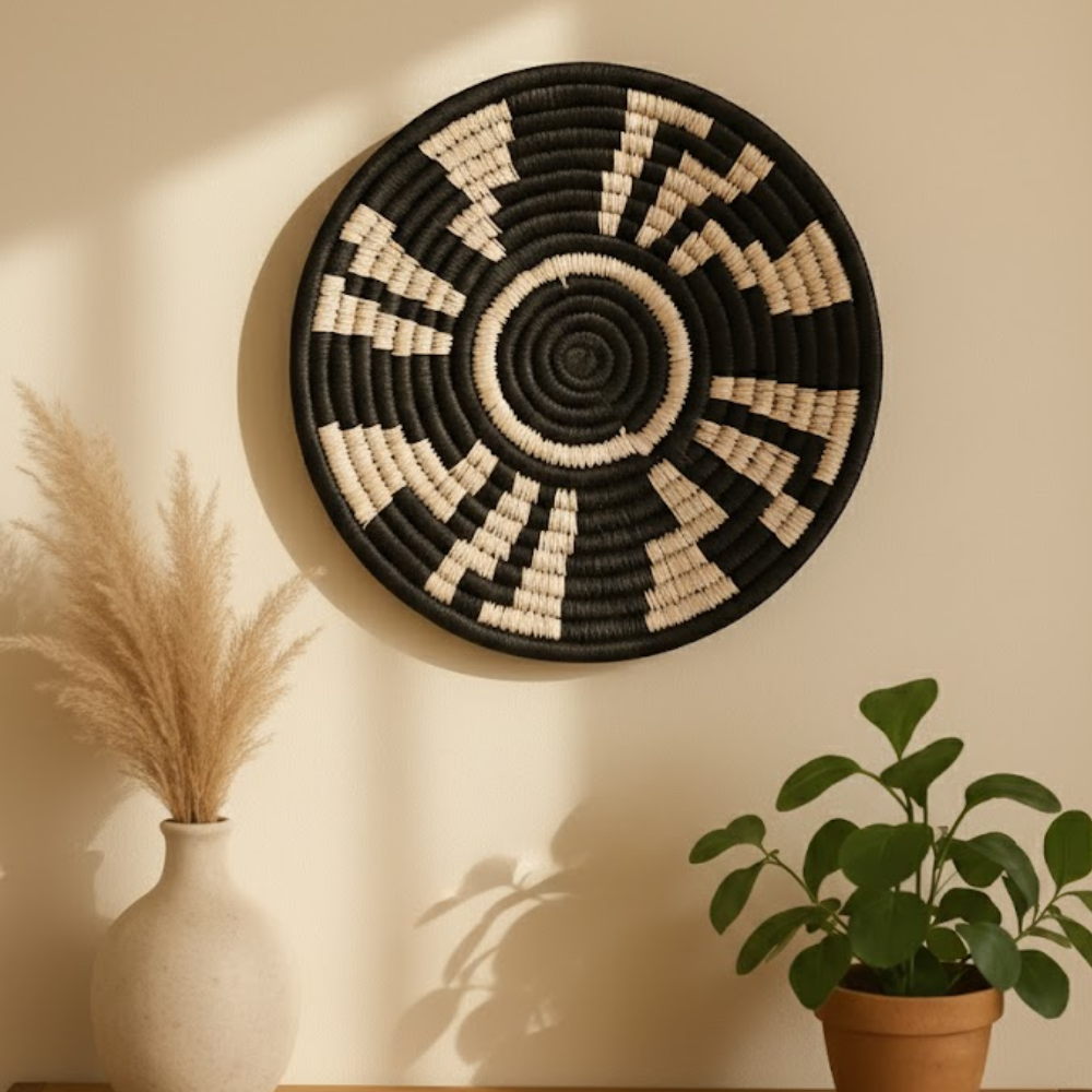 Monochrome Tribal Wall Plate – Handwoven Boho Wall Décor in Black & White