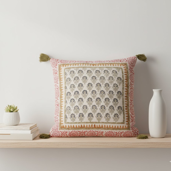 Block Printed Floral Cushion Cover | Cotton Tasseled Boho Decor