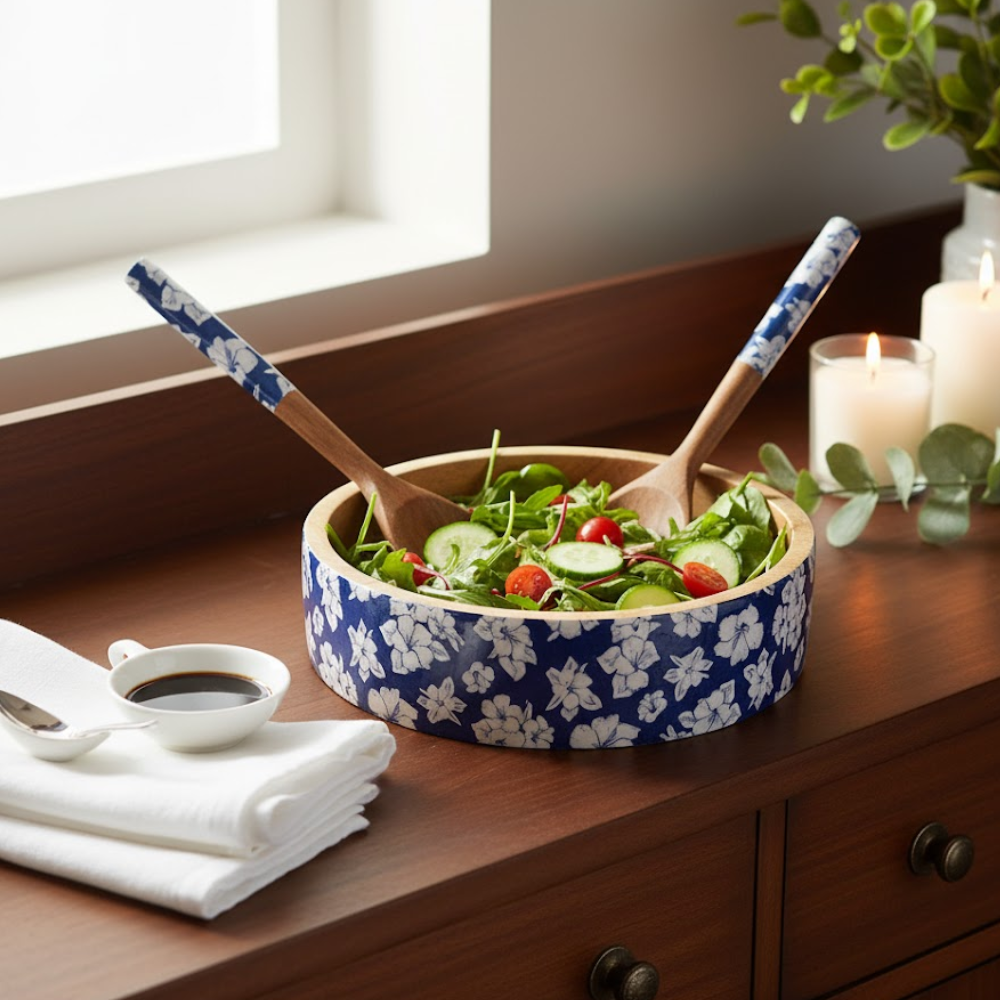 Hibiscus Enamelled Bowl & Servers Set – Handcrafted Mango Wood Salad Bowl with Serving Spoons