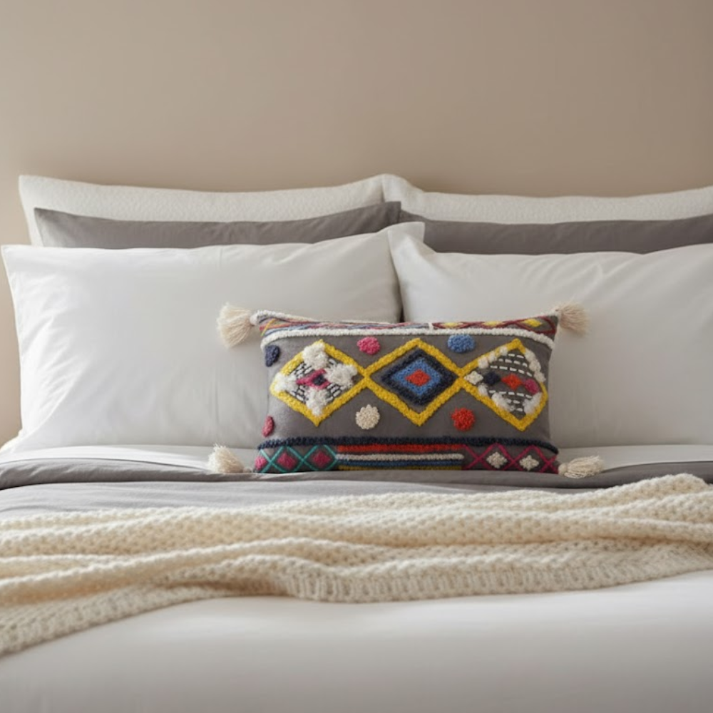 Diamond Embroidered Eclectic Tasseled Lumbar Cotton Cushion Cover