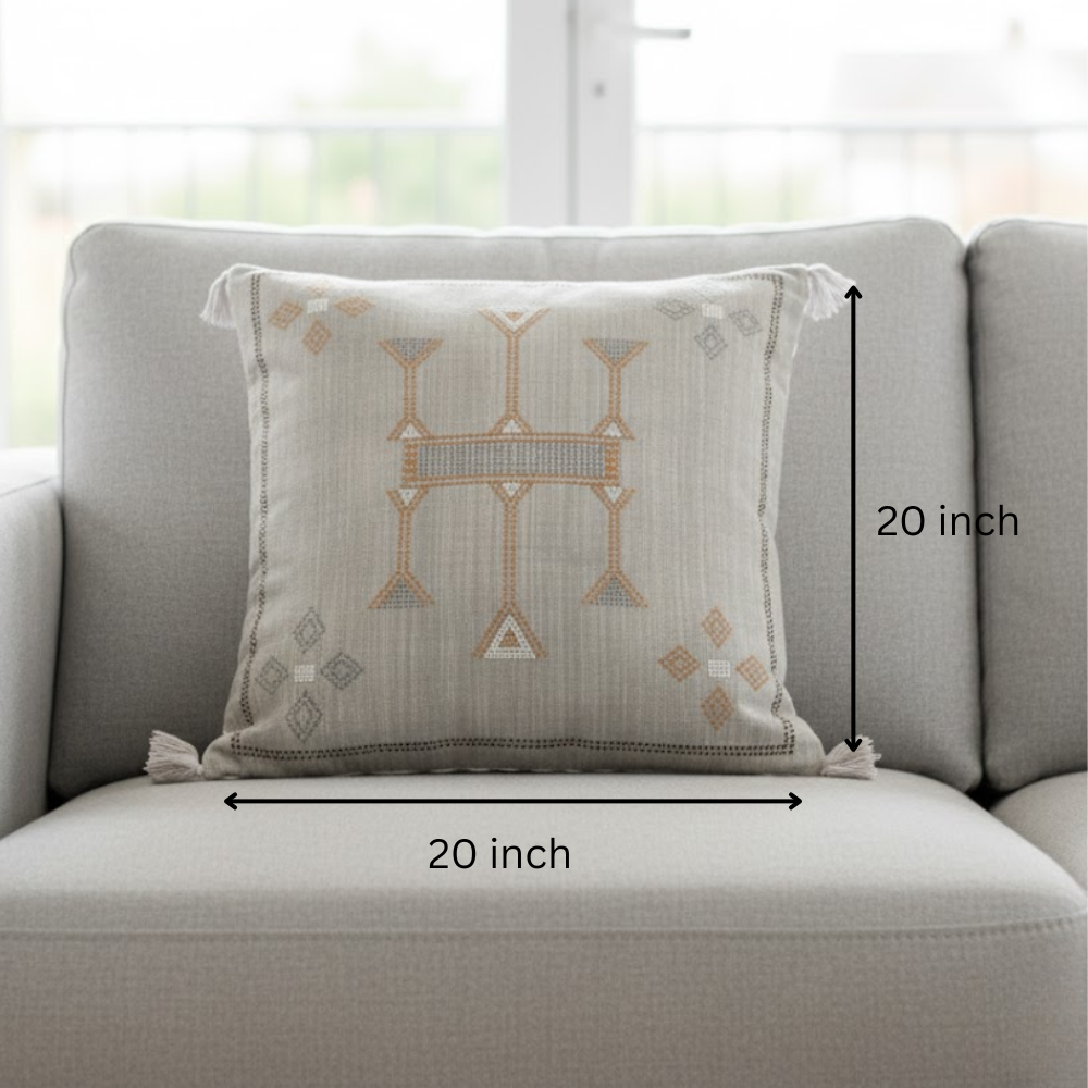 Embroidered & Tasseled Cotton Cushion Cover – Handwoven Artisan Cushion Cover with Vintage Embroidery & Tassels