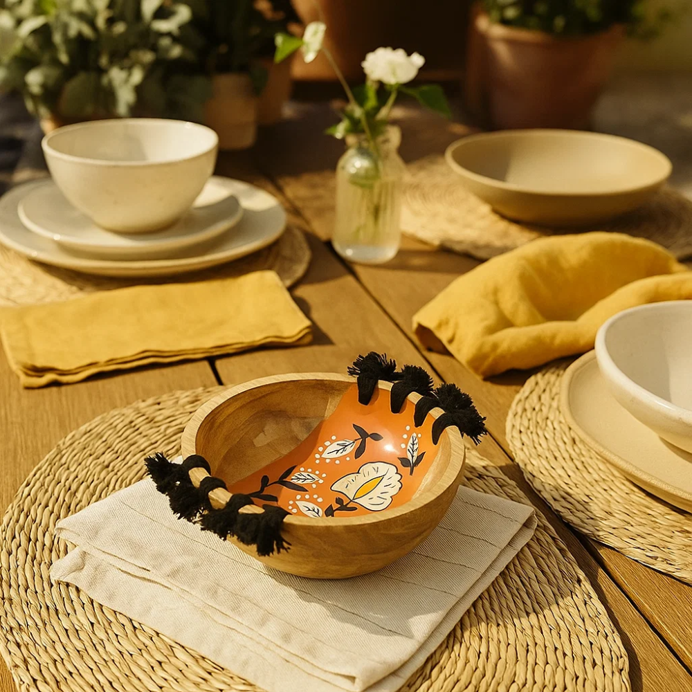 Enamelled Floral Tasseled Wooden Serving Bowl