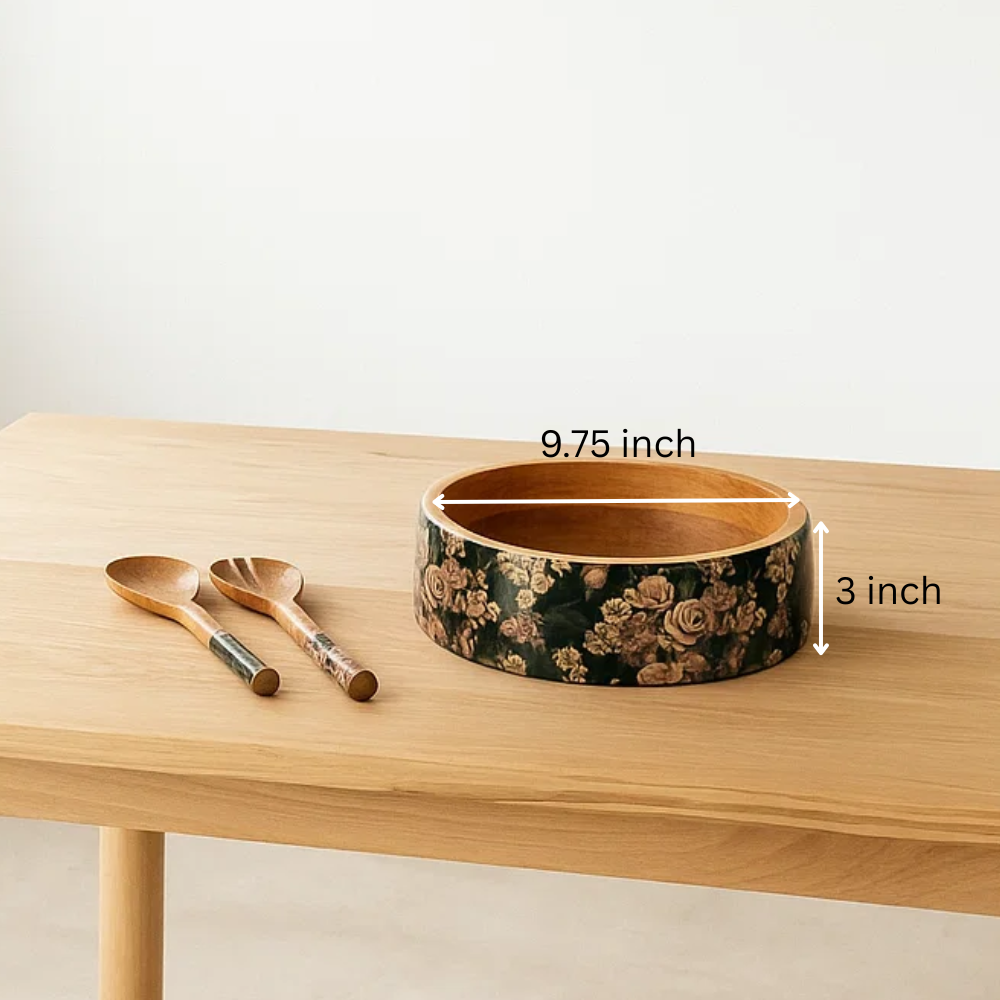 Vintage Rose Salad Bowl with Servers set – Hand-Carved