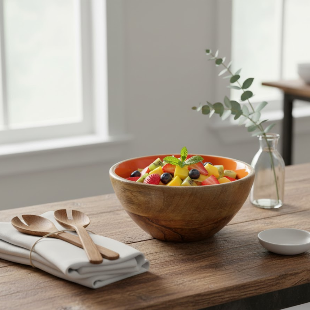 Enamelled Mango Wood Orange Serving Bowl – Bowl for Dining & Décor