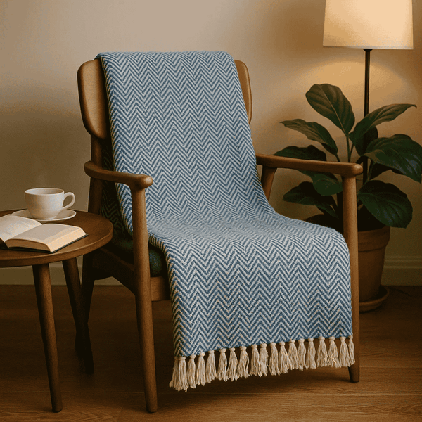 Blue Chevron Throw Blanket | Tasseled Cotton Boho Decor