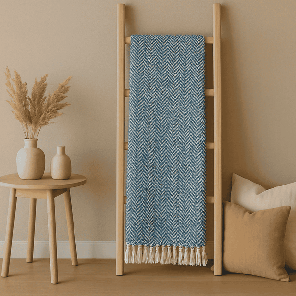 Blue Chevron Throw Blanket | Tasseled Cotton Boho Decor