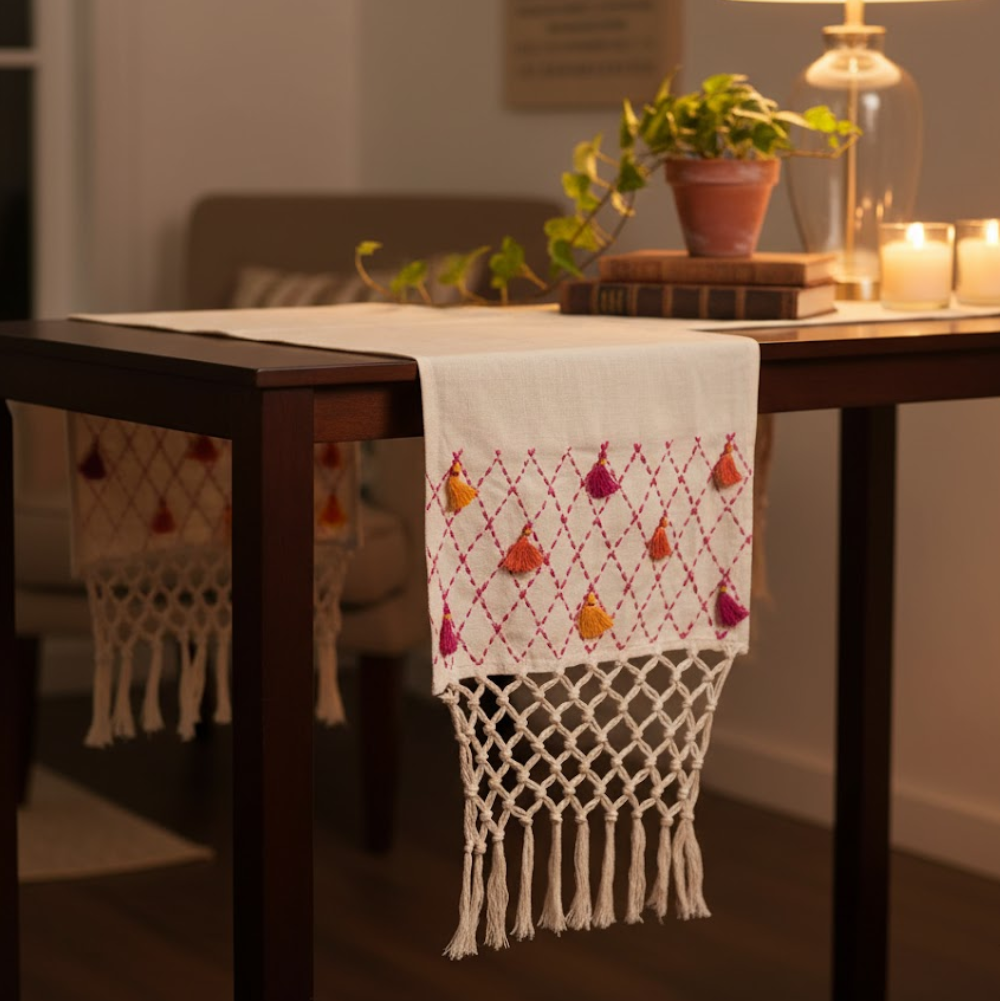 Handwoven Tassels & Net Design Cotton Table Runner