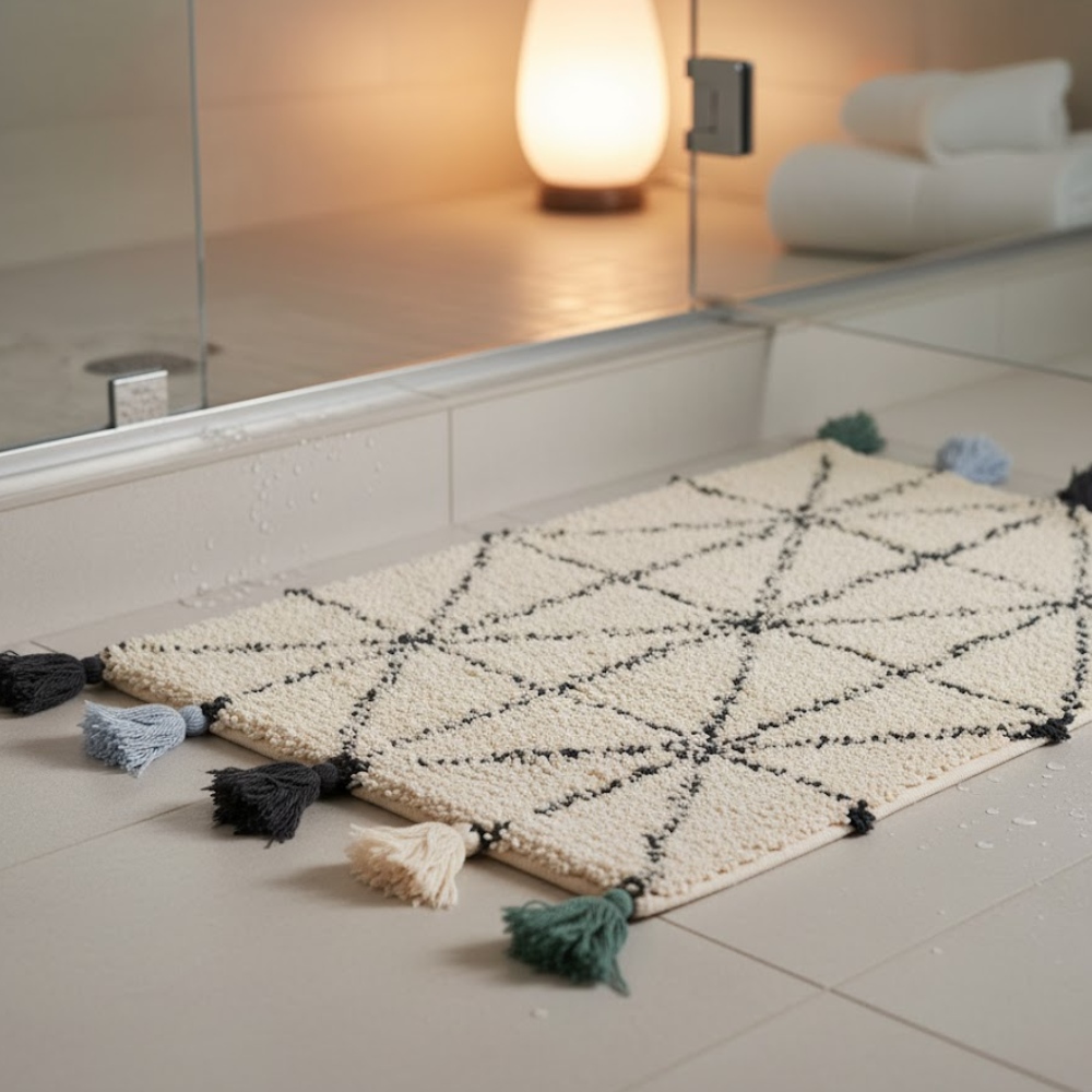 Tufted & Tasseled Geometric Cotton Bath Mat – Handwoven