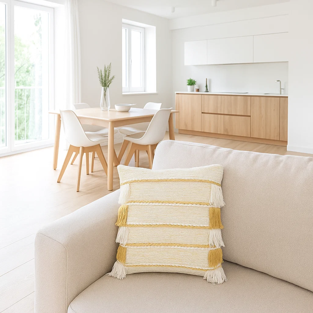 Woven Fringed Cotton Cushion Cover – Handwoven Yellow Sofa Cushion Cover with Concealed Zip