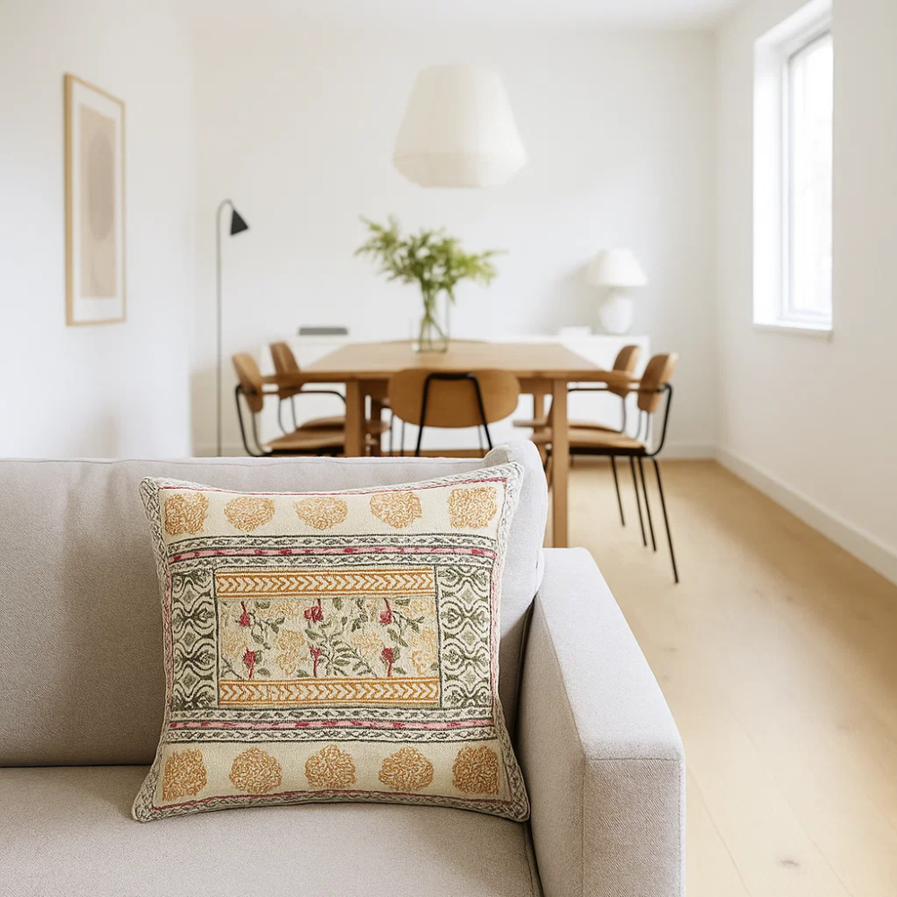 Floral Block Printed Cotton Cushion Cover