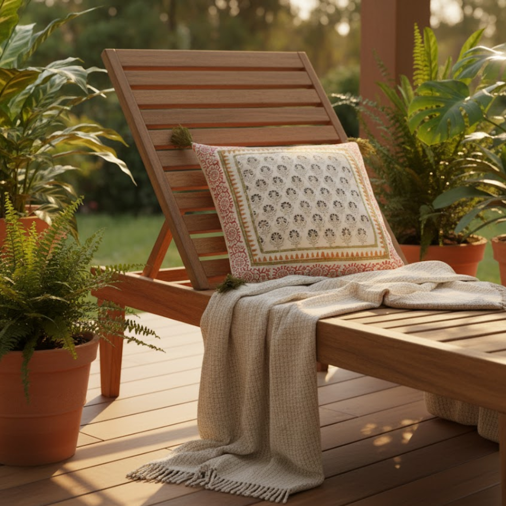 Block Printed Floral Tasseled Cotton Cushion Cover – Handcrafted Embroidered Cushion Cover