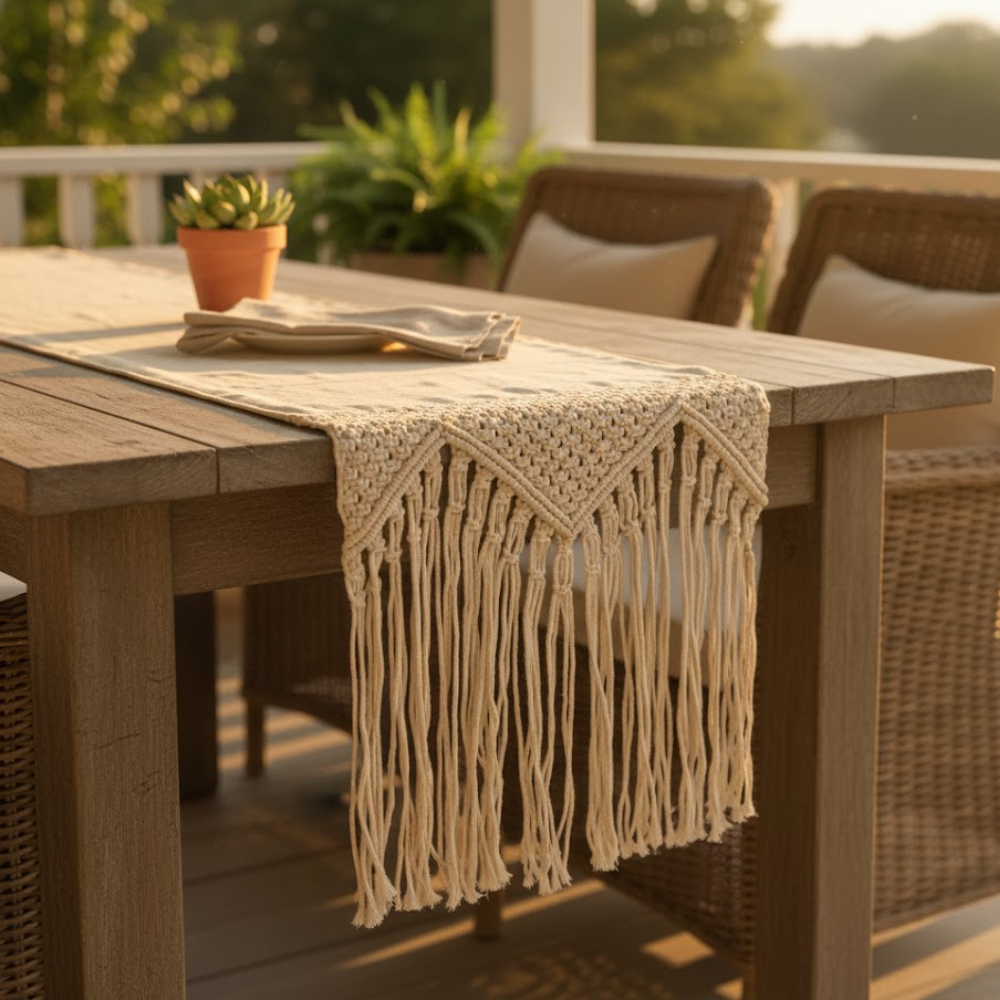 Border Macrame Fringed Off-White Table Runner