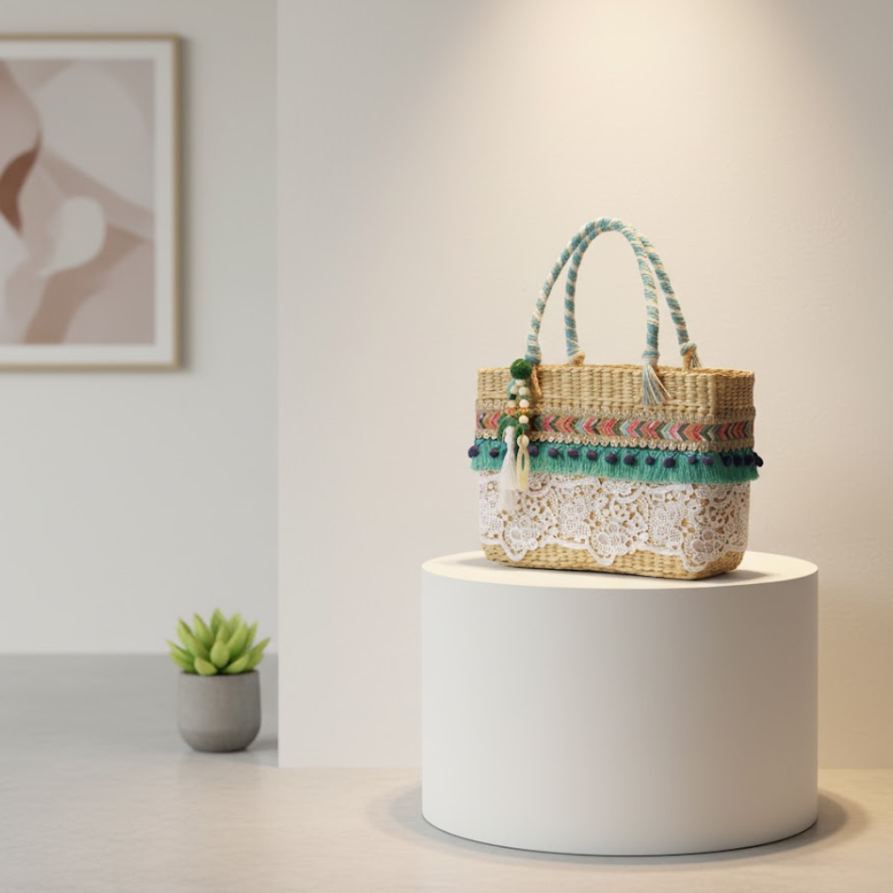 Lace Work Basket Woven Cane Turquoise Handbag – Handcrafted Eco-Friendly Cane Basket Bag
