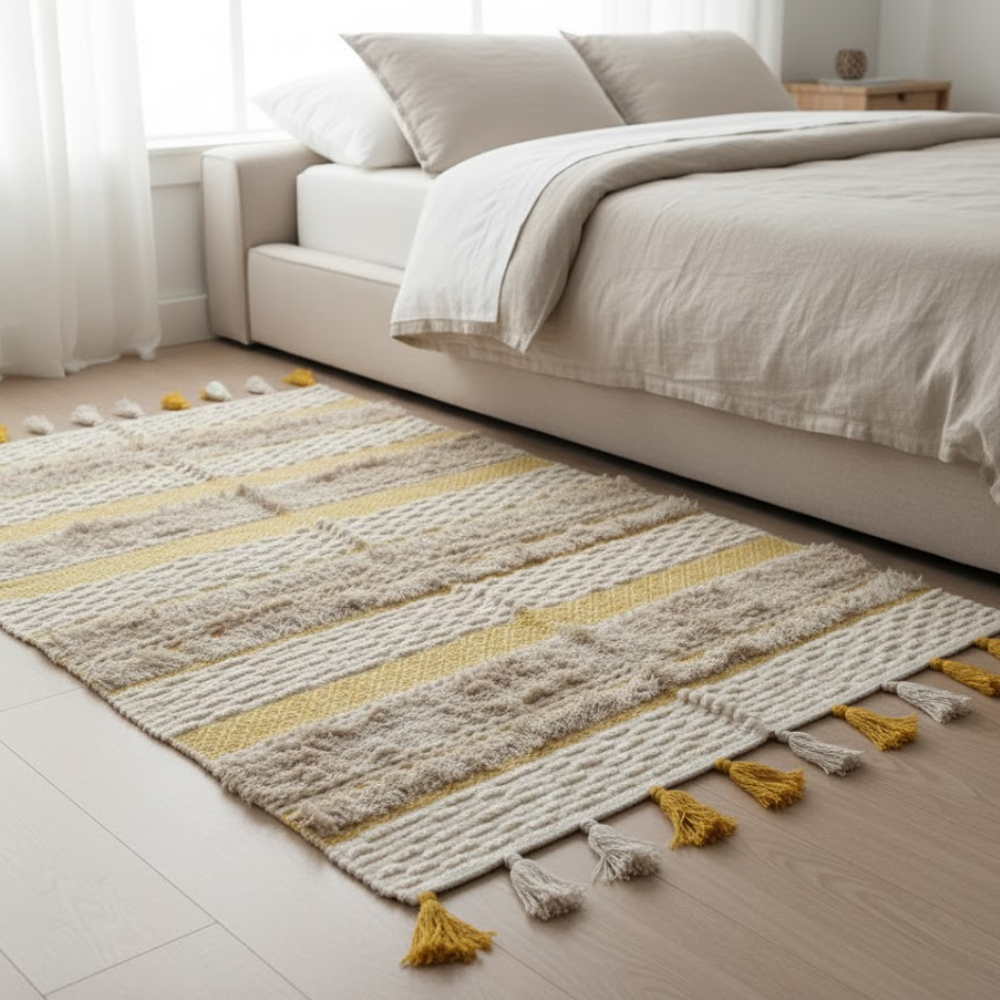 Handwoven & Tufted Tuscan Rug – Artisan Cotton Rug with Jacquard Weave, Tufts & Tassels