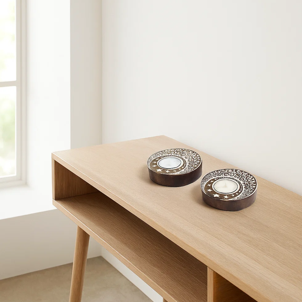 Hand Carved Wooden Moon Tealight Holders (Set of 2) – Artisan Candle Holders with Crescent Moon Design