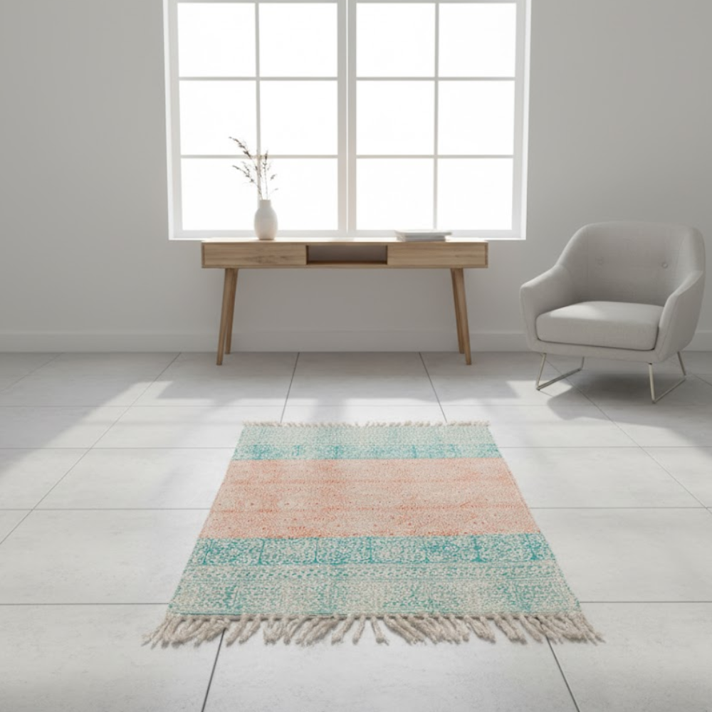 Art Deco Cotton Rug with Tassels – Handwoven Artisan Cotton Rug with Geometric Detailing