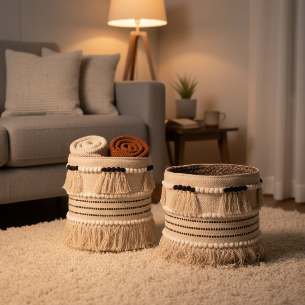 Jute & Fringed Cotton Basket – Handwoven Eco-Friendly Cotton Basket