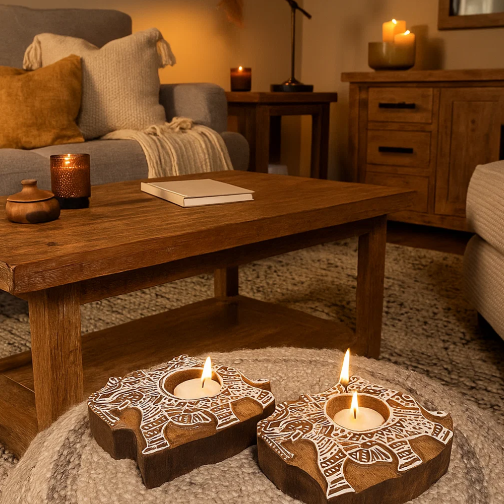 Hand Carved Wooden Elephant Tealight Holders (Set of 2) – Artisan Wooden Candle Holders with Elephant Motif