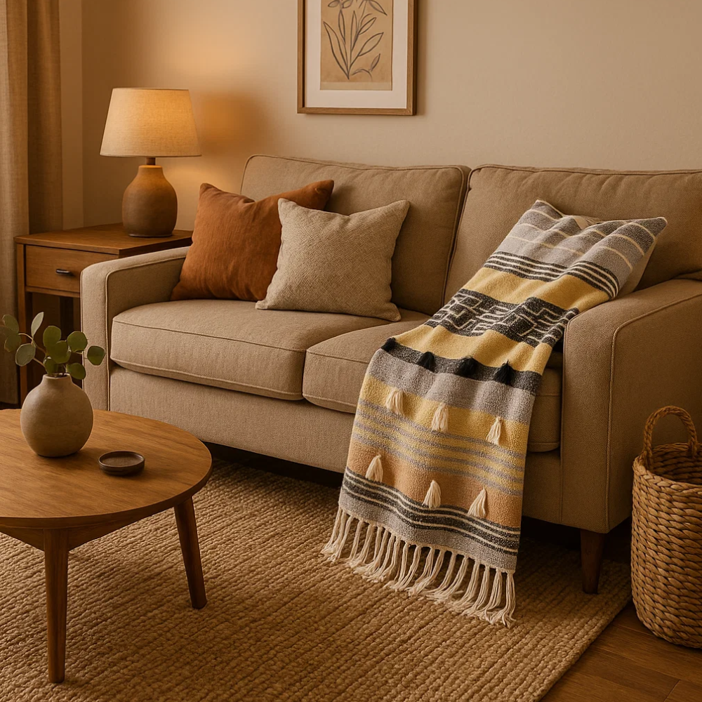 Statement Paneled Handloom Cotton & Wool Throw with Tassels