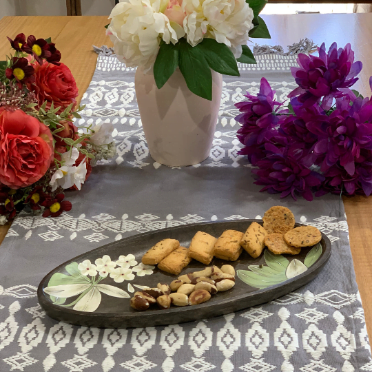 Enameled Floral Magnolia Wooden Serving Platter