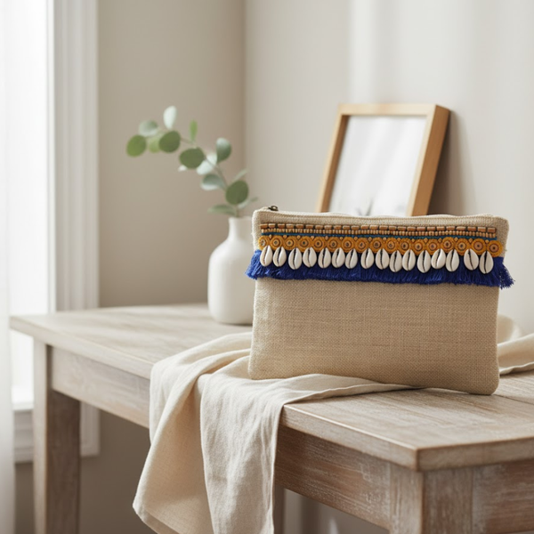 Beads & Fringes Embellished Jute Pouch – Handcrafted Boho Jute Pouch