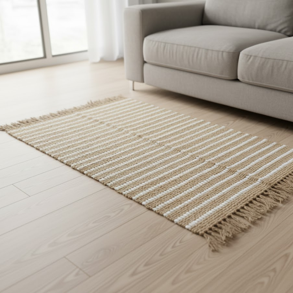Handwoven Sandy Jute Striped Fringe Rug – Artisan Boho Rug with Rug Fringe Detailing