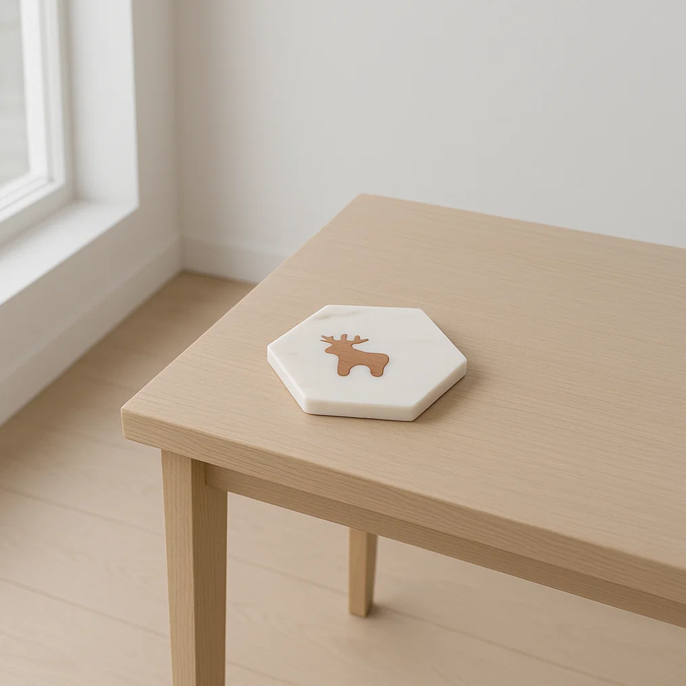 Reindeer Inlaid Marble Coasters (Set of 4) – Handcrafted White Marble Drink Coasters with Wooden Inlay