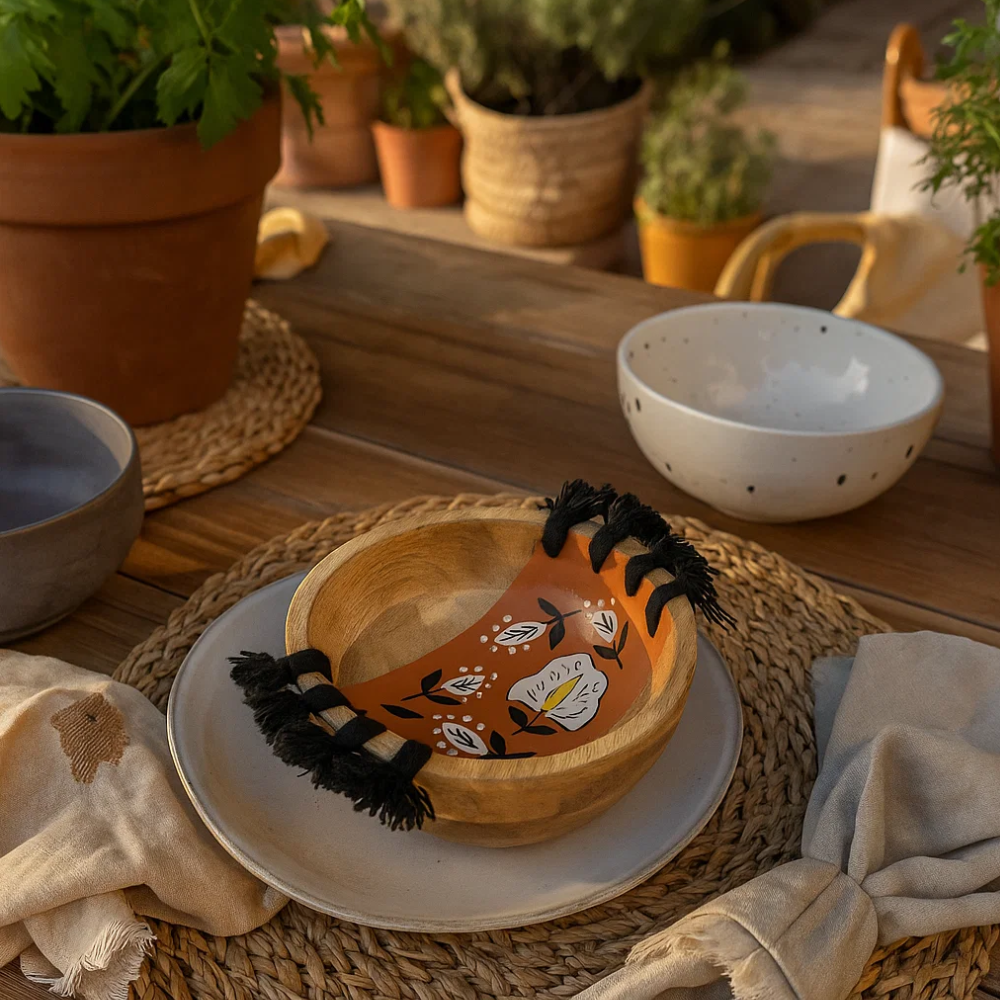 Enamelled Floral Tasseled Wooden Serving Bowl